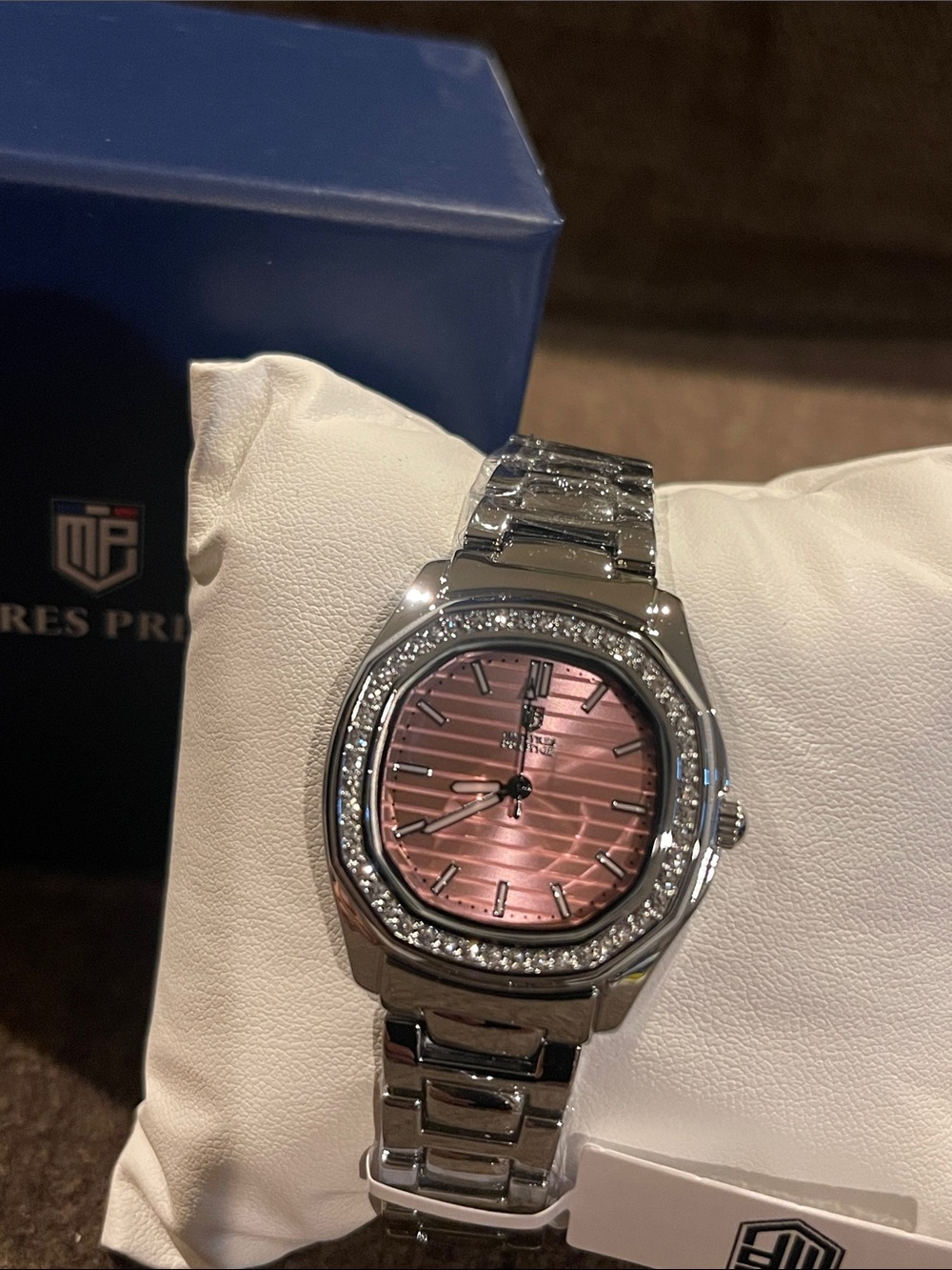 Women’s Stainless Steel Watch with Pink Sunray Dial and Crystal Accent